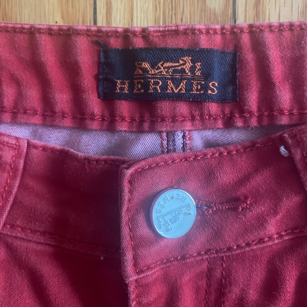 Red Hermes Jeans with Embroidered Pockets and Enamel Details